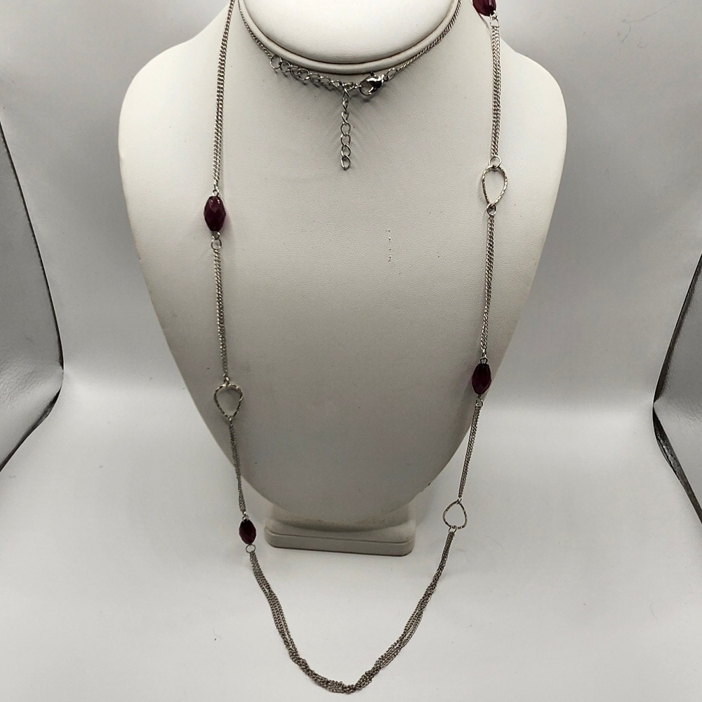 Silver Tone Long Station Necklace with Burgundy Red Faceted Beads and Open Links